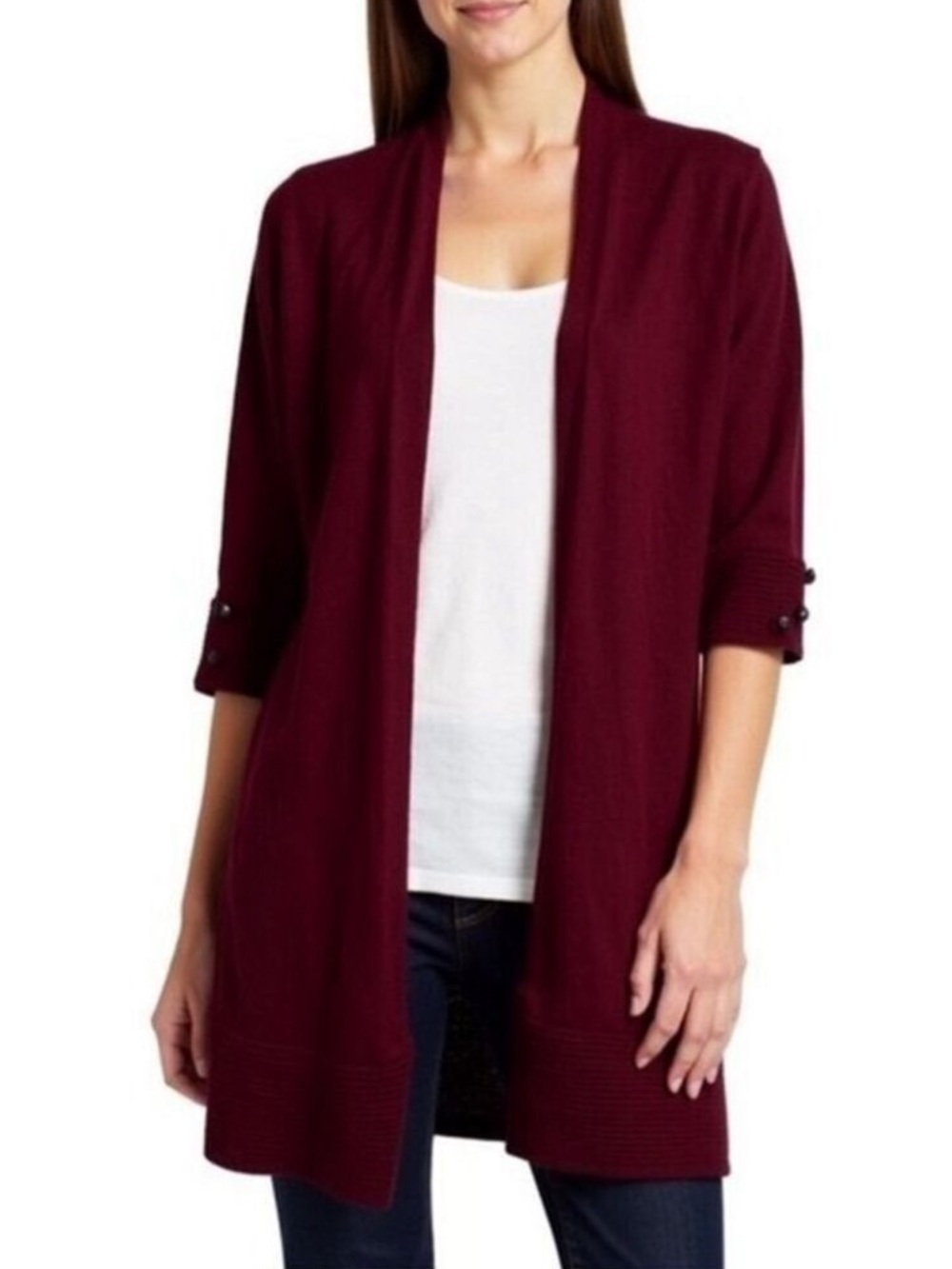 Evolution by Cyrus Red Ribbed Cardigan Burgundy Open Front Knit Lightweight XS
